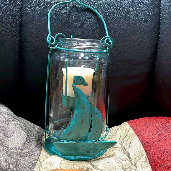 Home Essentials Other - Nautical beach theme jar lantern green sailboat 6”tall w/ votive Candle NWOT
